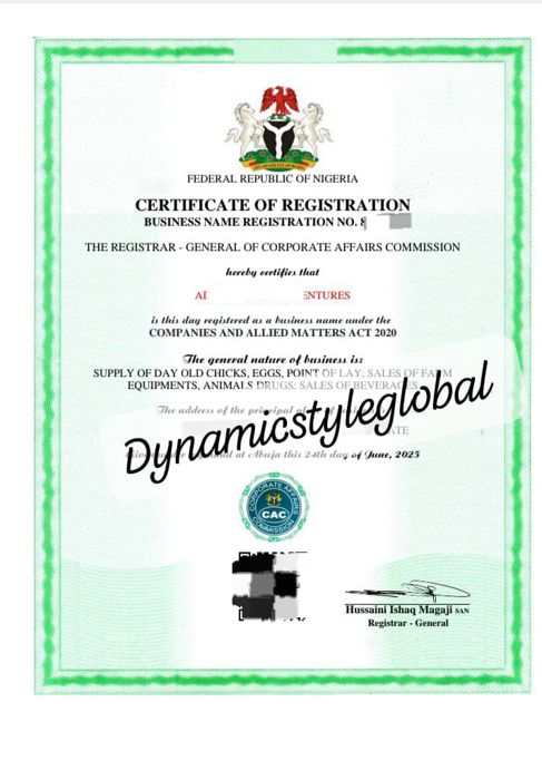Business name registration certificate